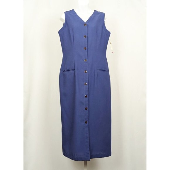 Vintage 90s Jumper Dress Blue Midi Length Button Front Misses Size 10 New - Picture 1 of 8